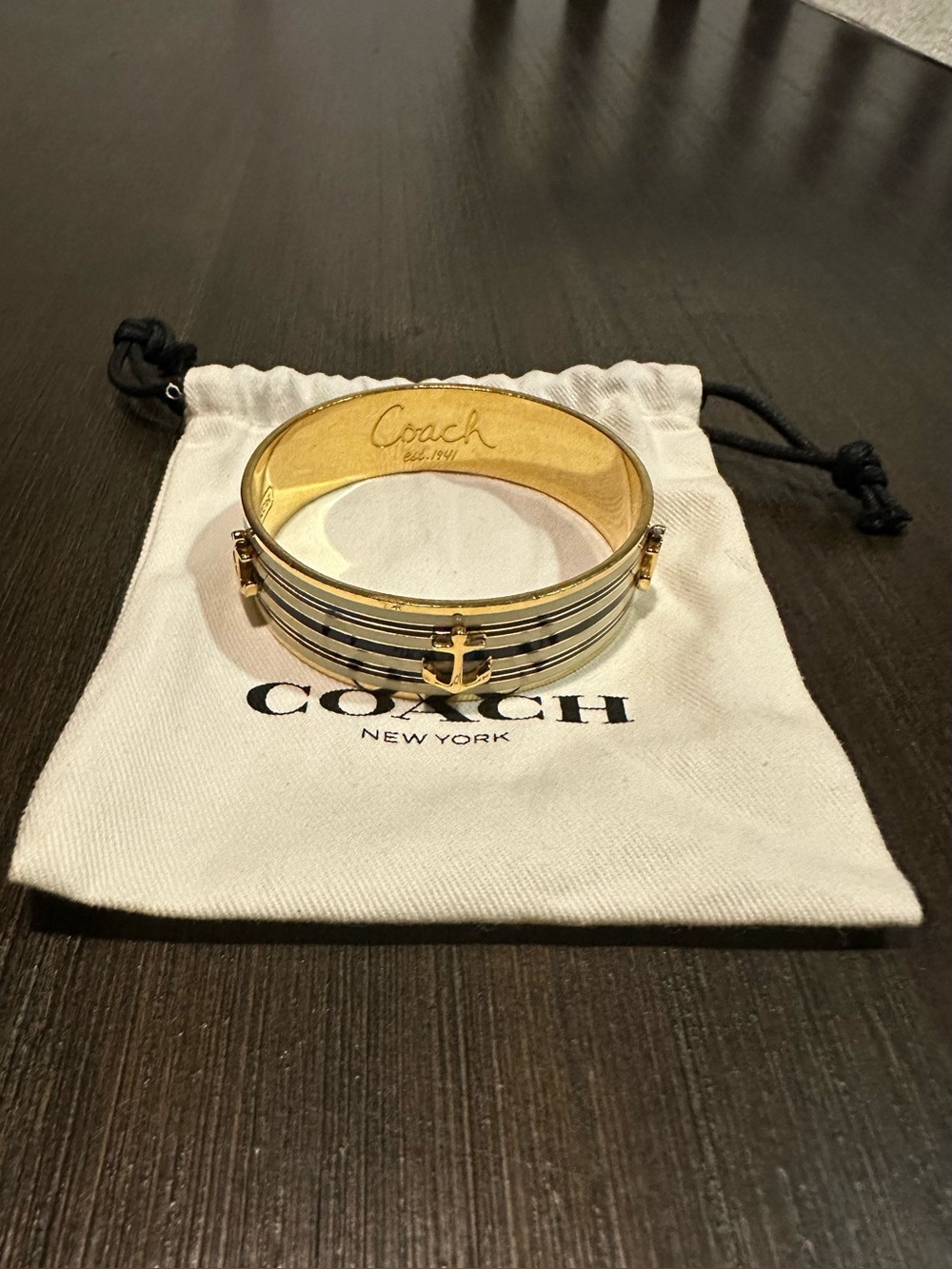 Coach Gold and Navy Anchor Stripe Bangle Bracelet